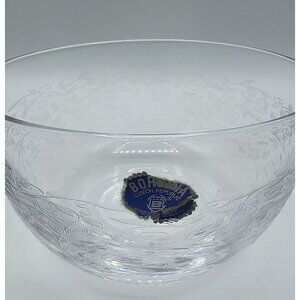 Vintage Bohemian Czech Republic Clear Glass Bowl With Etched Floral Design